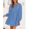 imageZESICA Womens Long Sleeve Mini Dress 2025 Fall Crewneck Tie Front Hollow Out Eyelet Babydoll A Line Short DressesBlue