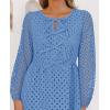 imageZESICA Womens Long Sleeve Mini Dress 2025 Fall Crewneck Tie Front Hollow Out Eyelet Babydoll A Line Short DressesBlue