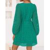 imageZESICA Womens Long Sleeve Mini Dress 2025 Fall Crewneck Tie Front Hollow Out Eyelet Babydoll A Line Short DressesGreen