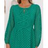 imageZESICA Womens Long Sleeve Mini Dress 2025 Fall Crewneck Tie Front Hollow Out Eyelet Babydoll A Line Short DressesGreen