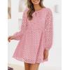 imageZESICA Womens Long Sleeve Mini Dress 2025 Fall Crewneck Tie Front Hollow Out Eyelet Babydoll A Line Short DressesPink