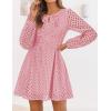 imageZESICA Womens Long Sleeve Mini Dress 2025 Fall Crewneck Tie Front Hollow Out Eyelet Babydoll A Line Short DressesPink