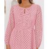 imageZESICA Womens Long Sleeve Mini Dress 2025 Fall Crewneck Tie Front Hollow Out Eyelet Babydoll A Line Short DressesPink