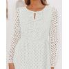 imageZESICA Womens Long Sleeve Mini Dress 2025 Fall Crewneck Tie Front Hollow Out Eyelet Babydoll A Line Short DressesWhite