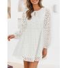 imageZESICA Womens Long Sleeve Mini Dress 2025 Fall Crewneck Tie Front Hollow Out Eyelet Babydoll A Line Short DressesWhite