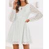 imageZESICA Womens Long Sleeve Mini Dress 2025 Fall Crewneck Tie Front Hollow Out Eyelet Babydoll A Line Short DressesWhite