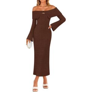 imageZESICA Womens Fall Off Shoulder Sweater Dress 2025 Bell Long Sleeve Ribbed Knit Bodycon Formal Maxi DressesCaramel