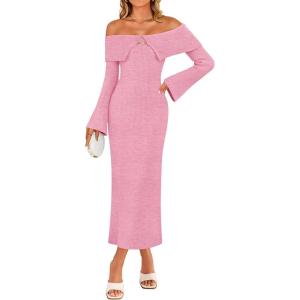 imageZESICA Womens Fall Off Shoulder Sweater Dress 2025 Bell Long Sleeve Ribbed Knit Bodycon Formal Maxi DressesPink