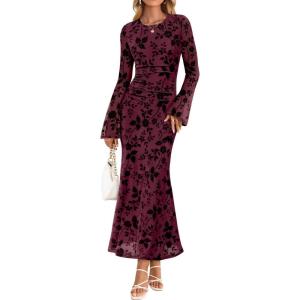 imageZESICA Womens Long Sleeve Floral Bodycon Dress 2025 Fall Fashion Ruched Mesh Wedding Guest Cocktail Party Maxi DressesMauve
