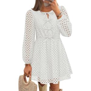 imageZESICA Womens Long Sleeve Mini Dress 2025 Fall Crewneck Tie Front Hollow Out Eyelet Babydoll A Line Short DressesWhite