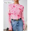 imageZESICA Floral Long Sleeve Tops for Women 2025 Fall Mesh Mock Neck Ruched Fitted Shirts Going Out Blouses Trendy ClothesPink
