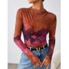imageZESICA Floral Long Sleeve Tops for Women 2025 Fall Mesh Mock Neck Ruched Fitted Shirts Going Out Blouses Trendy ClothesPurple