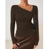 imageZESICA Womens Long Sleeve Asymmetrical Neck Ruched Slim Fit Shirts 2025 Fall Fashion Casual Tee Going Out TopsCoffee Brown