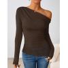 imageZESICA Womens Long Sleeve Off Shoulder Tops Fall 2025 Casual Boat Neck Lace Slim Fit Going Out Y2k Shirts BlousesCoffee