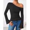 imageZESICA Womens Off Shoulder Tops Bell Long Sleeve Shirts 2025 Fall Trendy Going Out Ruched Tight Fitted Y2K ClothesBlack