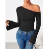 imageZESICA Womens Off Shoulder Tops Bell Long Sleeve Shirts 2025 Fall Trendy Going Out Ruched Tight Fitted Y2K ClothesBlack