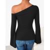 imageZESICA Womens Off Shoulder Tops Bell Long Sleeve Shirts 2025 Fall Trendy Going Out Ruched Tight Fitted Y2K ClothesBlack