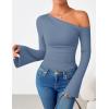 imageZESICA Womens Off Shoulder Tops Bell Long Sleeve Shirts 2025 Fall Trendy Going Out Ruched Tight Fitted Y2K ClothesBlue
