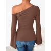 imageZESICA Womens Off Shoulder Tops Bell Long Sleeve Shirts 2025 Fall Trendy Going Out Ruched Tight Fitted Y2K ClothesBrown