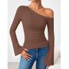 imageZESICA Womens Off Shoulder Tops Bell Long Sleeve Shirts 2025 Fall Trendy Going Out Ruched Tight Fitted Y2K ClothesBrown