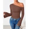 imageZESICA Womens Off Shoulder Tops Bell Long Sleeve Shirts 2025 Fall Trendy Going Out Ruched Tight Fitted Y2K ClothesBrown