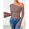 imageZESICA Womens Off Shoulder Tops Bell Long Sleeve Shirts 2025 Fall Trendy Going Out Ruched Tight Fitted Y2K ClothesLightkhaki