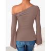 imageZESICA Womens Off Shoulder Tops Bell Long Sleeve Shirts 2025 Fall Trendy Going Out Ruched Tight Fitted Y2K ClothesLightkhaki