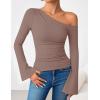 imageZESICA Womens Off Shoulder Tops Bell Long Sleeve Shirts 2025 Fall Trendy Going Out Ruched Tight Fitted Y2K ClothesLightkhaki