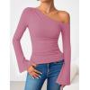 imageZESICA Womens Off Shoulder Tops Bell Long Sleeve Shirts 2025 Fall Trendy Going Out Ruched Tight Fitted Y2K ClothesPink