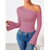 imageZESICA Womens Off Shoulder Tops Bell Long Sleeve Shirts 2025 Fall Trendy Going Out Ruched Tight Fitted Y2K ClothesPink