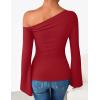 imageZESICA Womens Off Shoulder Tops Bell Long Sleeve Shirts 2025 Fall Trendy Going Out Ruched Tight Fitted Y2K ClothesRed