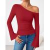 imageZESICA Womens Off Shoulder Tops Bell Long Sleeve Shirts 2025 Fall Trendy Going Out Ruched Tight Fitted Y2K ClothesRed