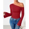 imageZESICA Womens Off Shoulder Tops Bell Long Sleeve Shirts 2025 Fall Trendy Going Out Ruched Tight Fitted Y2K ClothesRed