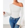 imageZESICA Womens Off Shoulder Tops Bell Long Sleeve Shirts 2025 Fall Trendy Going Out Ruched Tight Fitted Y2K ClothesWhite