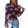 imageZESICA Floral Long Sleeve Tops for Women 2025 Fall Mesh Mock Neck Ruched Fitted Shirts Going Out Blouses Trendy ClothesBlack