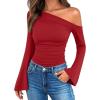 imageZESICA Womens Off Shoulder Tops Bell Long Sleeve Shirts 2025 Fall Trendy Going Out Ruched Tight Fitted Y2K ClothesRed