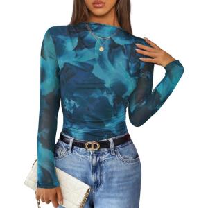imageZESICA Floral Long Sleeve Tops for Women 2025 Fall Mesh Mock Neck Ruched Fitted Shirts Going Out Blouses Trendy ClothesBlue