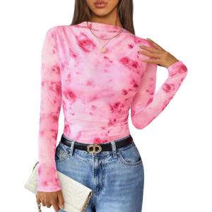 imageZESICA Floral Long Sleeve Tops for Women 2025 Fall Mesh Mock Neck Ruched Fitted Shirts Going Out Blouses Trendy ClothesPink