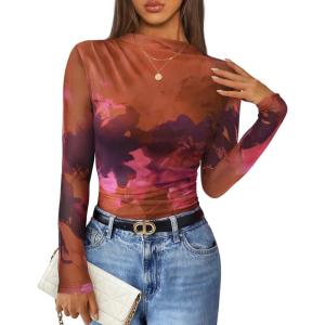 imageZESICA Floral Long Sleeve Tops for Women 2025 Fall Mesh Mock Neck Ruched Fitted Shirts Going Out Blouses Trendy ClothesPurple