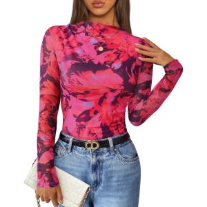 imageZESICA Floral Long Sleeve Tops for Women 2025 Fall Mesh Mock Neck Ruched Fitted Shirts Going Out Blouses Trendy ClothesRose