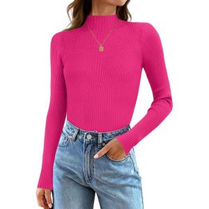 imageZESICA Womens 2025 Fall Long Sleeve Turtleneck T Shirt Ribbed Knit Sweater Slim Fit Basic Casual Tee TopsRose