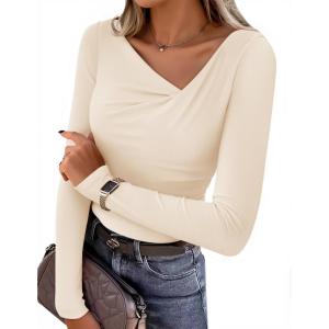 imageZESICA Womens Long Sleeve Asymmetrical Neck Ruched Slim Fit Shirts 2025 Fall Fashion Casual Tee Going Out TopsApricot