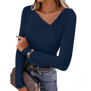 imageZESICA Womens Long Sleeve Asymmetrical Neck Ruched Slim Fit Shirts 2025 Fall Fashion Casual Tee Going Out TopsNavy