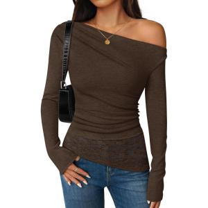 imageZESICA Womens Long Sleeve Off Shoulder Tops Fall 2025 Casual Boat Neck Lace Slim Fit Going Out Y2k Shirts BlousesCoffee