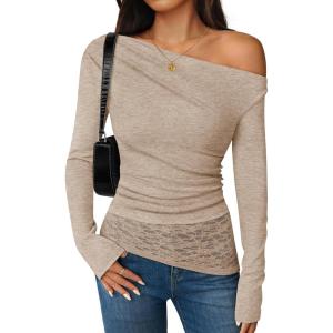 imageZESICA Womens Long Sleeve Off Shoulder Tops Fall 2025 Casual Boat Neck Lace Slim Fit Going Out Y2k Shirts BlousesLight Khaki