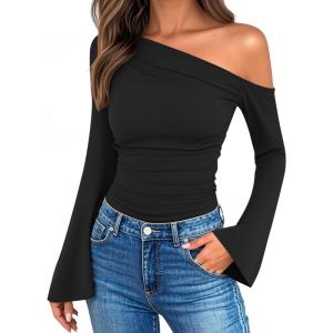 imageZESICA Womens Off Shoulder Tops Bell Long Sleeve Shirts 2025 Fall Trendy Going Out Ruched Tight Fitted Y2K ClothesBlack