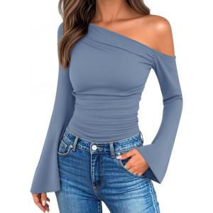 imageZESICA Womens Off Shoulder Tops Bell Long Sleeve Shirts 2025 Fall Trendy Going Out Ruched Tight Fitted Y2K ClothesBlue
