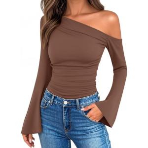 imageZESICA Womens Off Shoulder Tops Bell Long Sleeve Shirts 2025 Fall Trendy Going Out Ruched Tight Fitted Y2K ClothesBrown