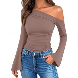 imageZESICA Womens Off Shoulder Tops Bell Long Sleeve Shirts 2025 Fall Trendy Going Out Ruched Tight Fitted Y2K ClothesLightkhaki