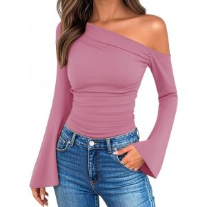 imageZESICA Womens Off Shoulder Tops Bell Long Sleeve Shirts 2025 Fall Trendy Going Out Ruched Tight Fitted Y2K ClothesPink
